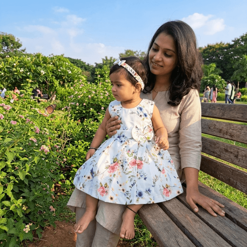 Mom and Me Girls Plain Colour Frock Dress with Flower & Matching Hair Belt | Sleeveless Crepe Fabric | Calf Length (in, Age, 12 Months, 18 Months, White) view 3