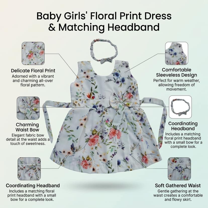 Mom and Me Girls Plain Colour Frock Dress with Flower & Matching Hair Belt | Sleeveless Crepe Fabric | Calf Length (in, Age, 12 Months, 18 Months, White) view 4