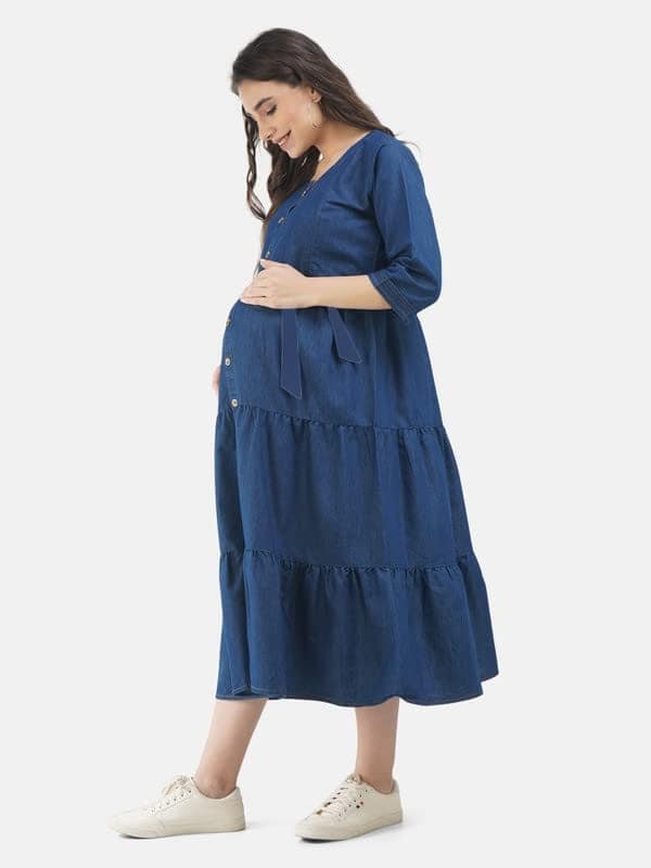 KOI SLEEPWEAR Denim Full Frock with Button &Feeding Pockets view 2