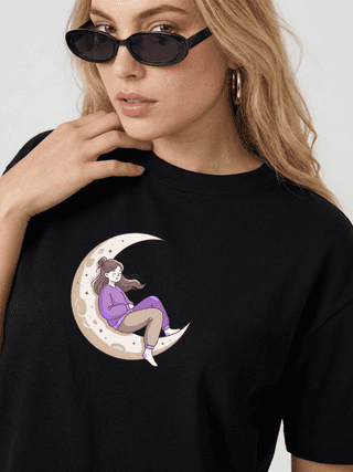 The Retro India Women Oversized Black Cotton TShirt Cute Moon Girl Graphic Print | Aesthetic Casual Tee | Trendy Loose Fit Stylish Cotton Tshirt for Women Streetwear
