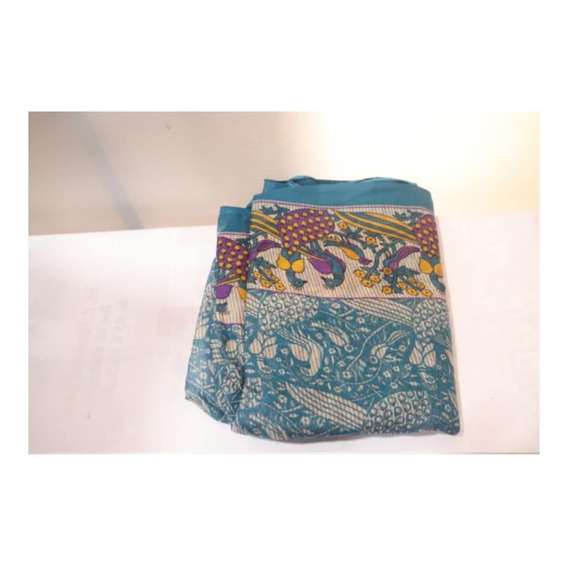 Blue Peacock Saree with Floral Print and Yellow Border view 3