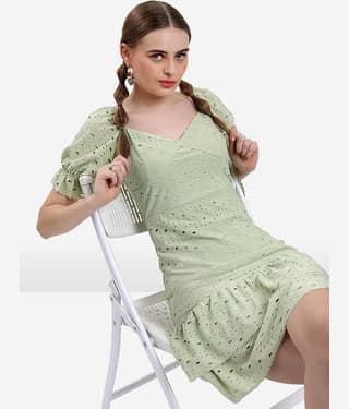 Ketch Women Polyester Blend Self Design A-line Dress ( Green )
