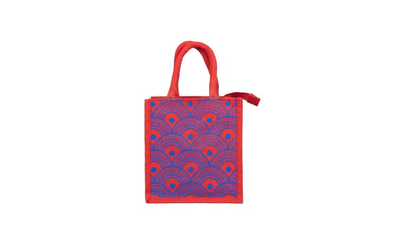 Red and Blue Patterned Jute Tote Bag