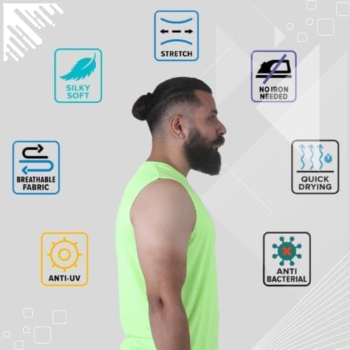 Men's Gym Sleeveless T-Shirt Neon Green - Drifit, Quick Dry Sports Tank Top, Sando Vest view 3