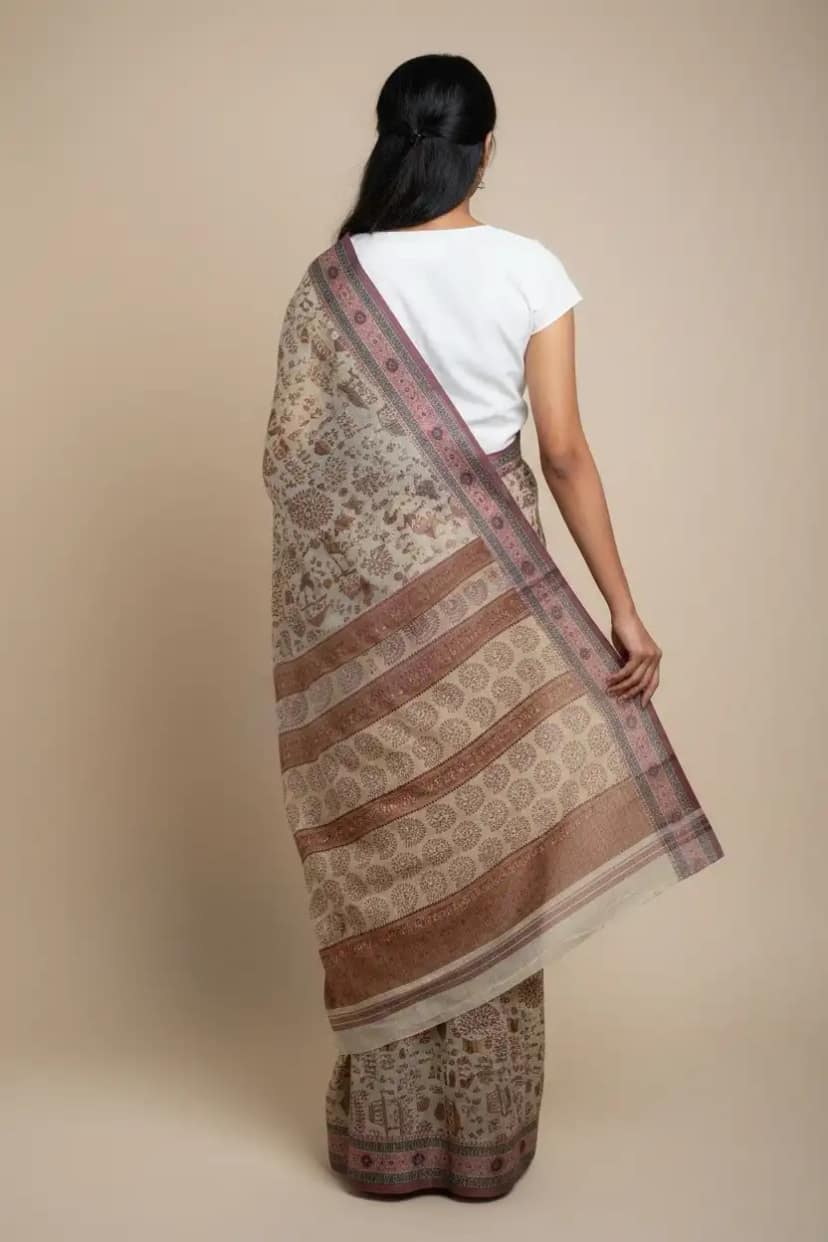 Sambalpuri Baandha Ikat Cotton Saree in Cream, with Blouse Piece view 4