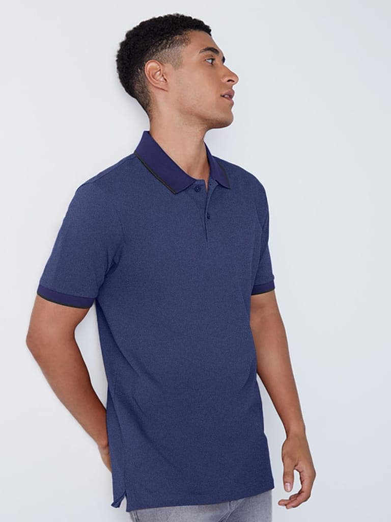 Mens Navy Cotton Jacquard Collar Polo T Shirt