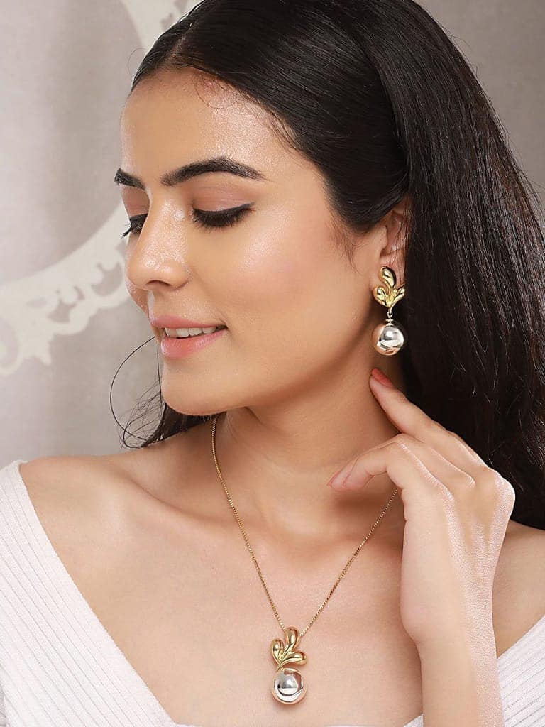 Anti-Tarnish Gold & Silver Plated Leafy Chunky Earrings & Locket Jewellery Set