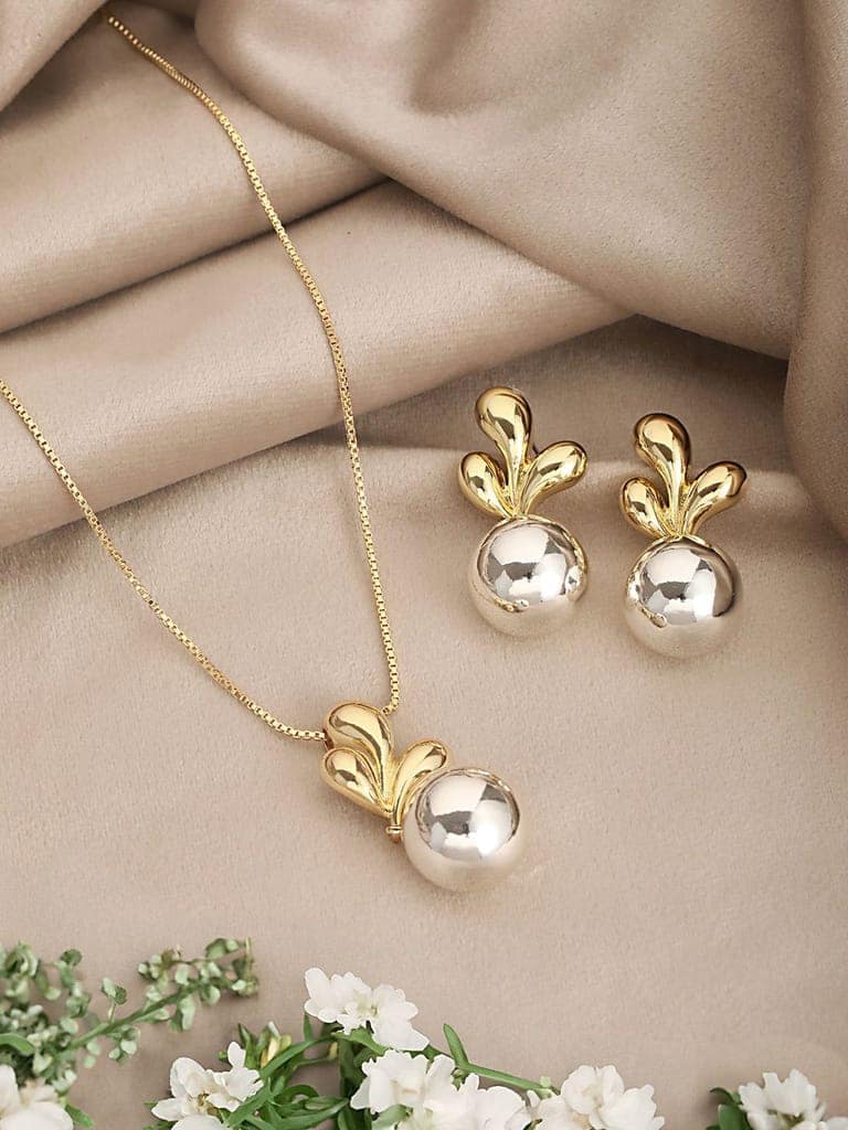 Anti-Tarnish Gold & Silver Plated Leafy Chunky Earrings & Locket Jewellery Set view 2