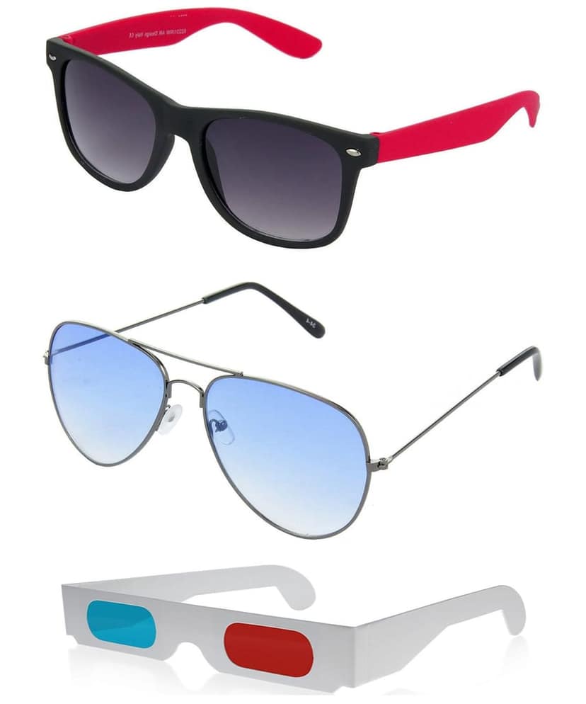 HRINKAR Rectangular And Pilot Stylish Sunglasses For Men And Women (Grey And Blue Lens | Black And Grey Frame - HCMB405) With Free Paper 3D Glass