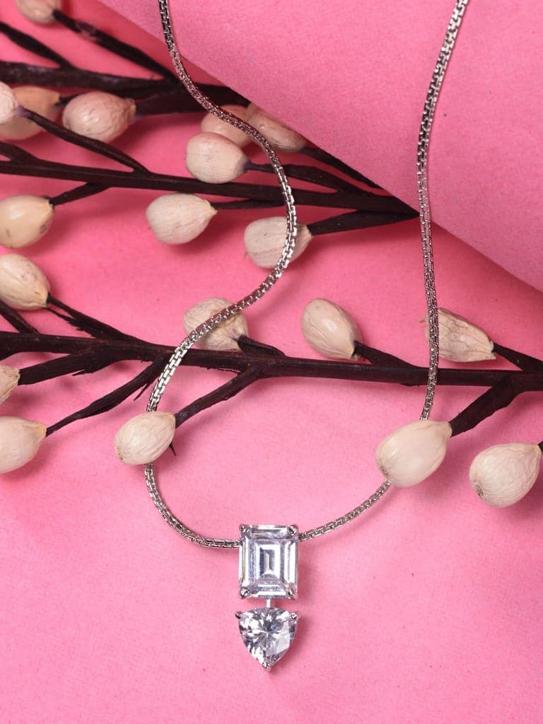 Silver Toned White Princess Cut AD Studded Solitaire Pendant Locket view 2