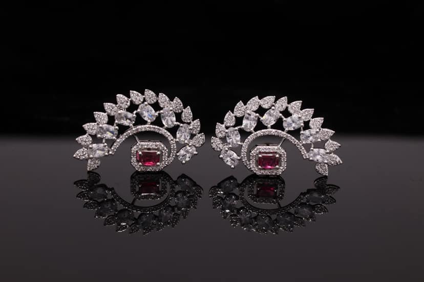 Cubic Zirconia Emerald Green Stone Rhodium Plated Earrings view 2