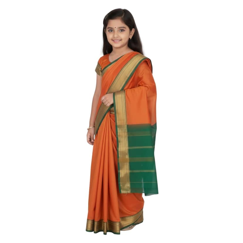 Mom and Me Ready-to-Wear Pre-Stitched Belgaon Silk Saree for Girls (Golden Zari Border, 1-10 Years)