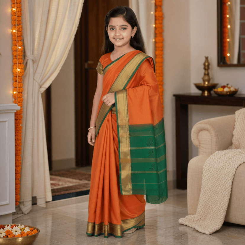 Mom and Me Ready-to-Wear Pre-Stitched Belgaon Silk Saree for Girls (Golden Zari Border, 1-10 Years) view 3