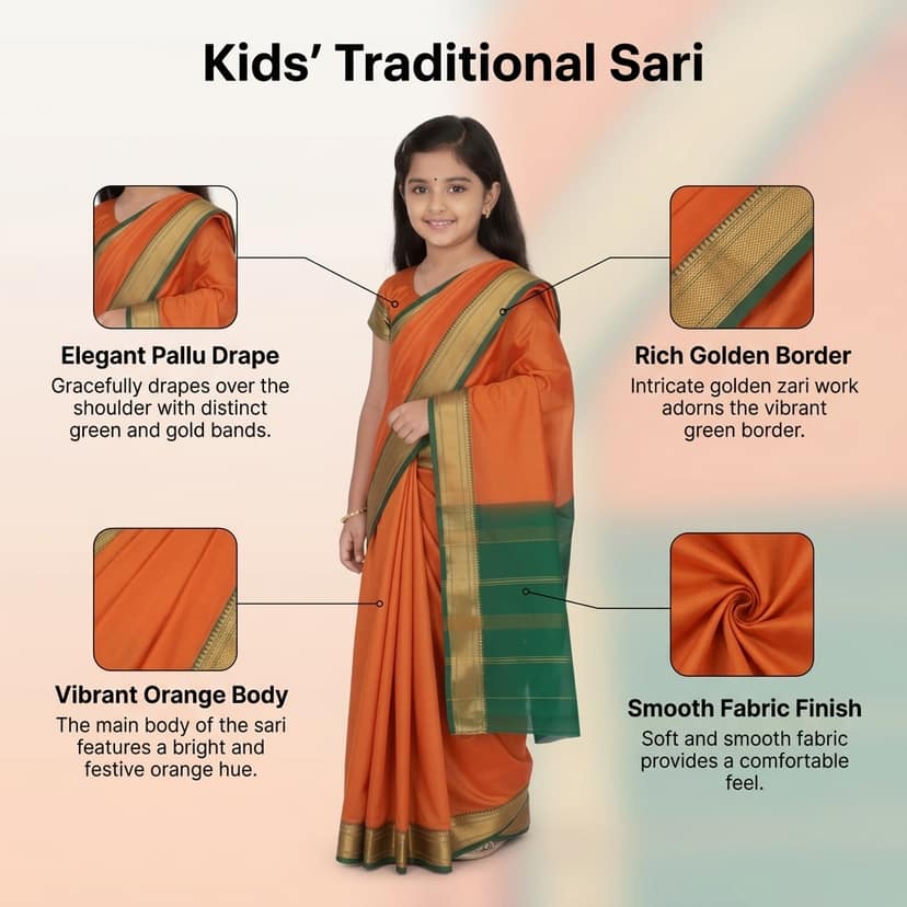 Mom and Me Ready-to-Wear Pre-Stitched Belgaon Silk Saree for Girls (Golden Zari Border, 1-10 Years) view 4