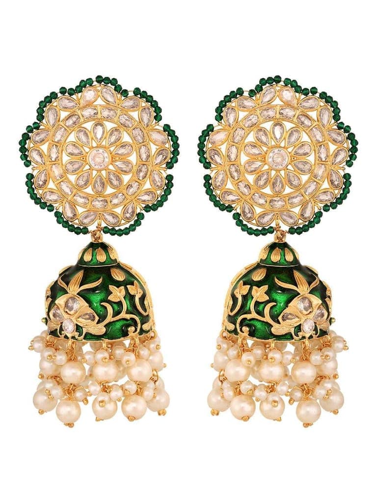 Gold Plated Polki studded Green Meenakari Pearl Drops Earrings view 2