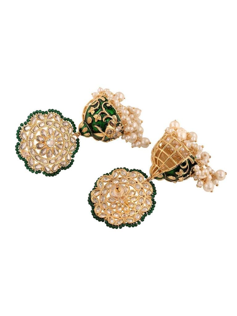 Gold Plated Polki studded Green Meenakari Pearl Drops Earrings view 3