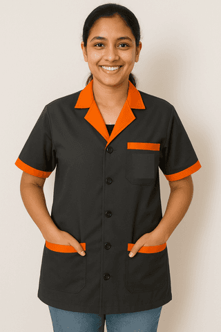 Unisex Staff Apron | 3-pockets Apron | Black with Orange Detailing | Comfortable | Durable | Best Fitted For Medical Professionals (Staff, Nursing & Lab Technicians)