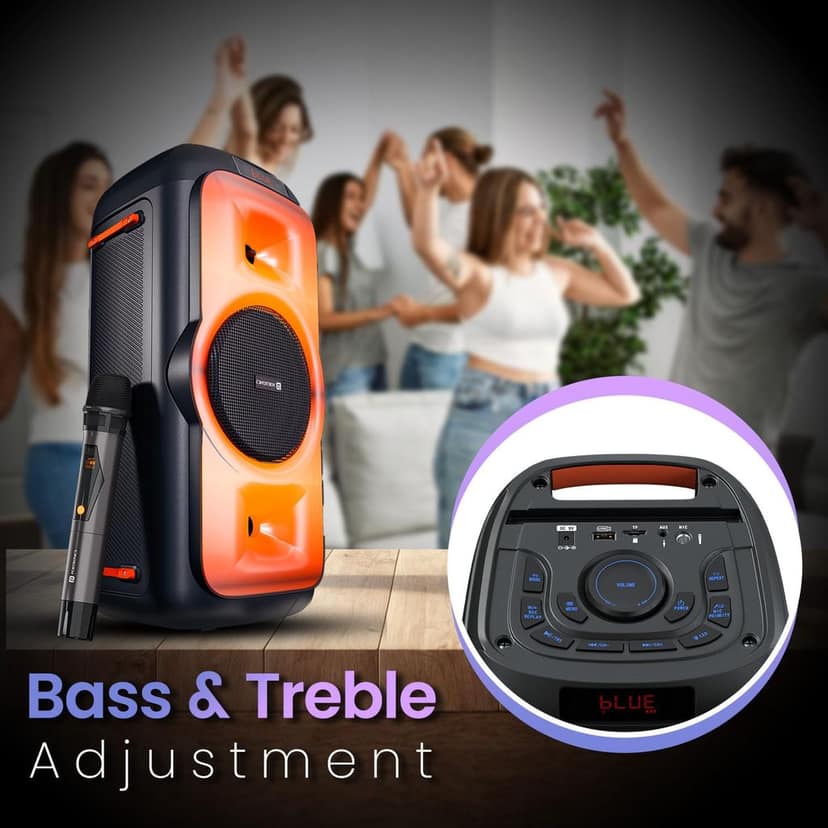 Portronics Iron Beats III 200W Party Speaker with Wireless Karaoke Mic, Upto 4 Hours Playtime, Bluetooth V5.3, SD Card/USB Drive/AUX in Port, Full Screen LED Lights, Bass/Treble Adjustment (Black)