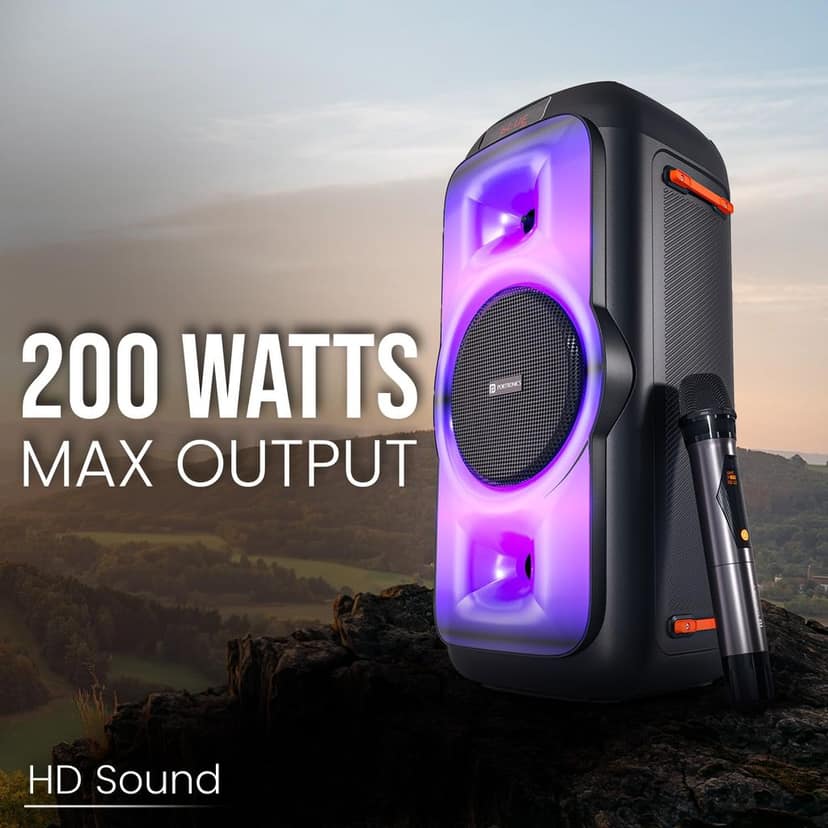 Portronics Iron Beats III 200W Party Speaker with Wireless Karaoke Mic, Upto 4 Hours Playtime, Bluetooth V5.3, SD Card/USB Drive/AUX in Port, Full Screen LED Lights, Bass/Treble Adjustment (Black) view 3