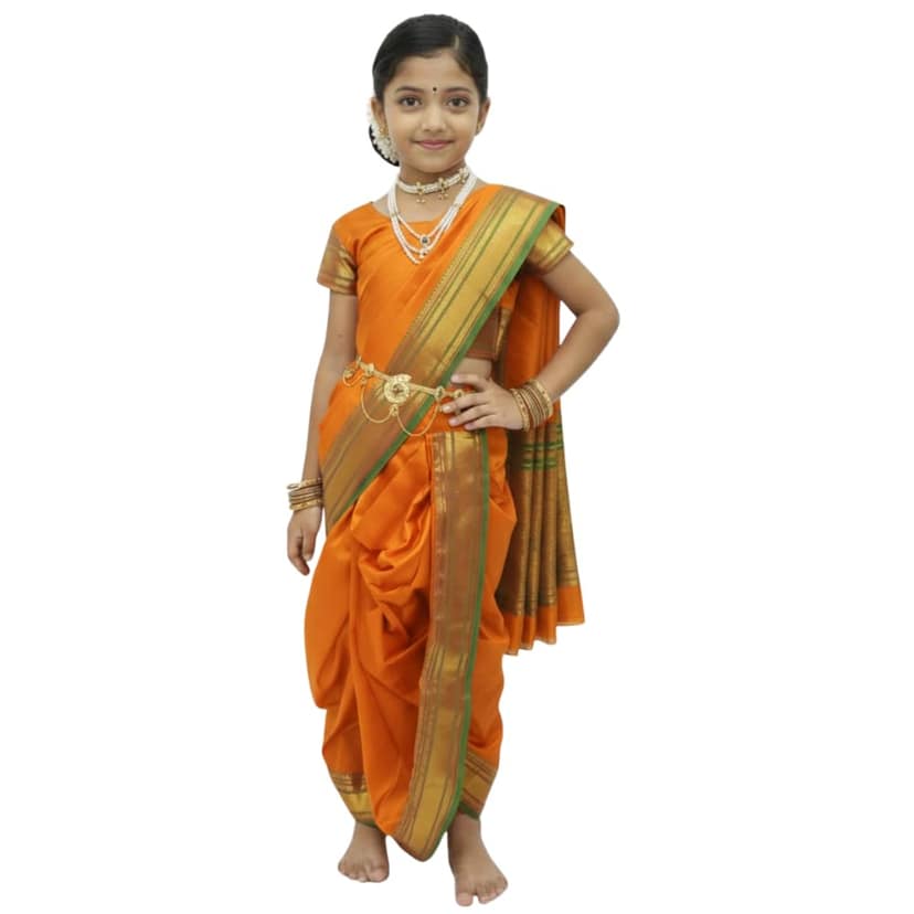 Mom and Me Peshwai Nauwari Saree for Kids (1–10 Years) Ready to Wear Maharashtrian Traditional Dress | Belgaon Silk with Cotton Lining | Stitched Blouse Included (Musterd, 9-10 Years)