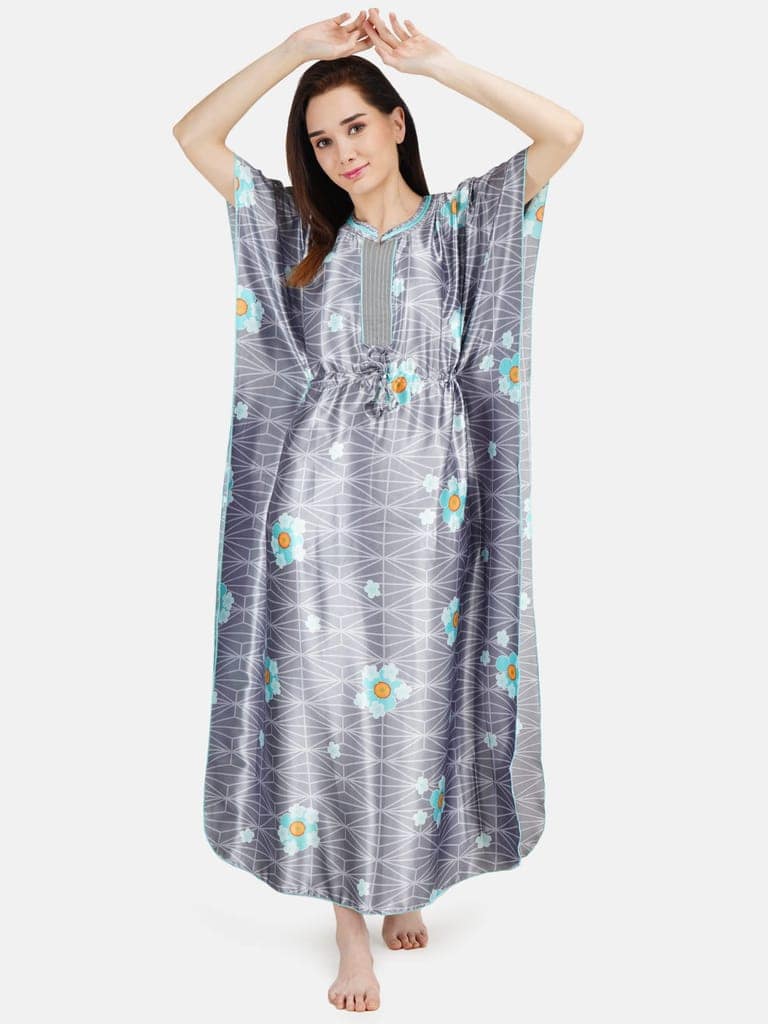 KOI SLEEPWEAR Women's Printed Satin Kaftan Gown/ Maxi Night Gown for Women - Grey view 2