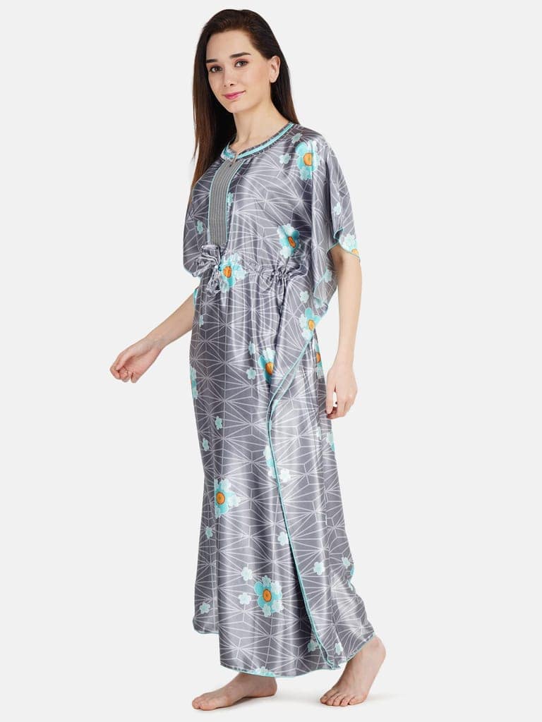 KOI SLEEPWEAR Women's Printed Satin Kaftan Gown/ Maxi Night Gown for Women - Grey view 3