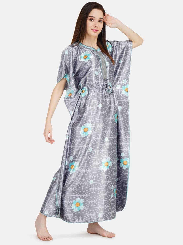 KOI SLEEPWEAR Women's Printed Satin Kaftan Gown/ Maxi Night Gown for Women - Grey view 4
