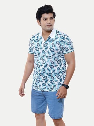 Men Casual green all-over floral printed Cotton polo t-shirt
