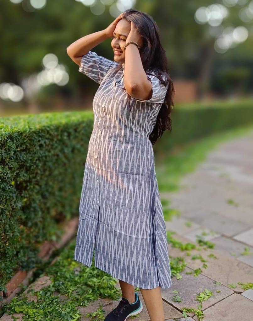 Pure Cotton Ikkat Dress Bossonova Grey Colour (Size XXS(32) to Plus Size(56))-5918