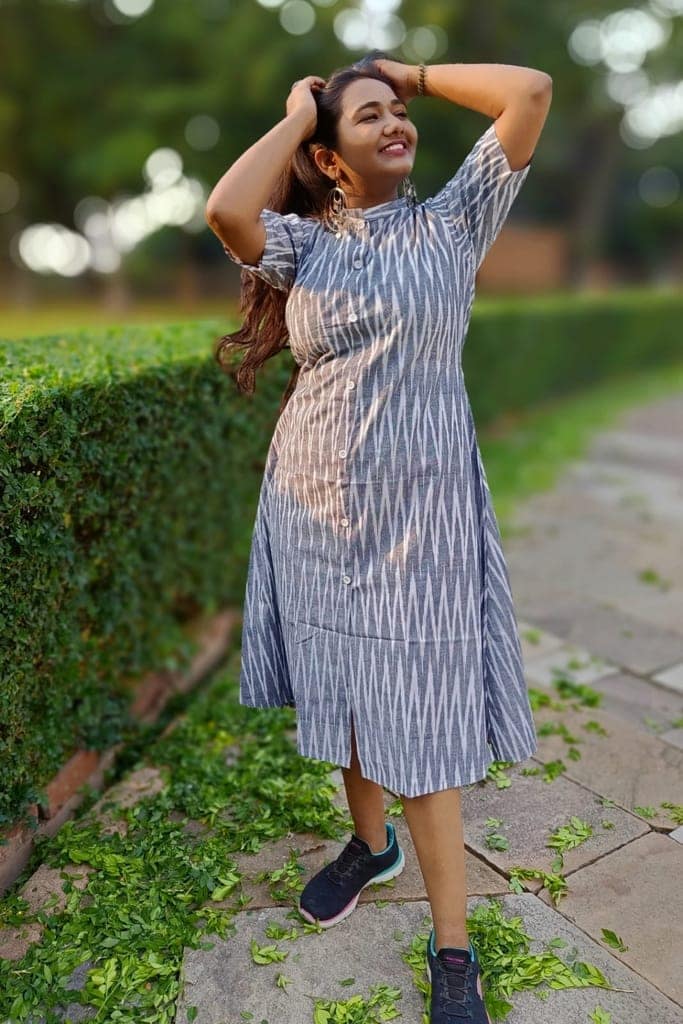 Pure Cotton Ikkat Dress Bossonova Grey Colour (Size XXS(32) to Plus Size(56))-5918 view 3