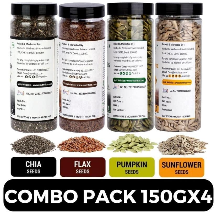 Nutritoz Raw Chia Seeds, Flax Seeds, Pumpkin Seeds, Sunflower Seeds Combo Loaded with Omega-3, Zinc, Fiber, Calcium, Protein for weight loss, Healthy Heart (600 g, 150G X 4) view 3