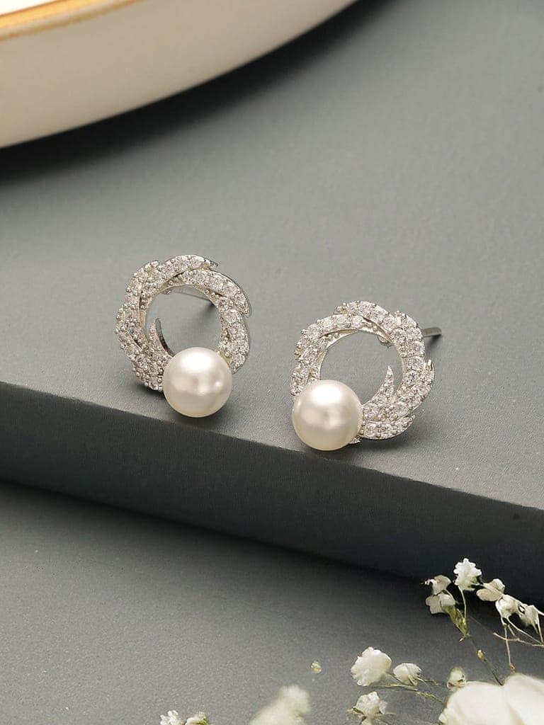 Silver Plated AD & Pearl Studded Floral Minimal Contemporary Studds earrings