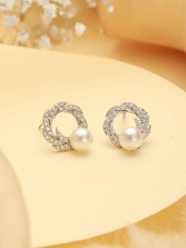 Silver Plated AD & Pearl Studded Floral Minimal Contemporary Studds earrings view 3