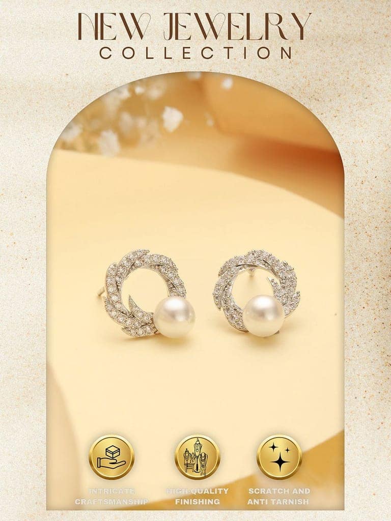 Silver Plated AD & Pearl Studded Floral Minimal Contemporary Studds earrings view 6
