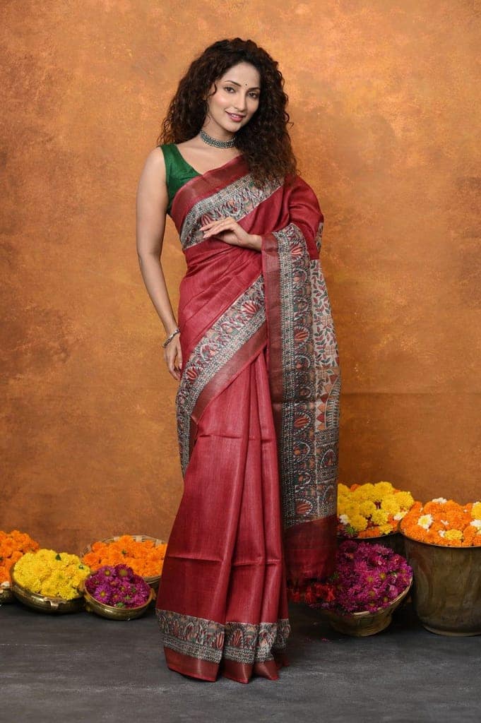 Designed By VMI~ Handloom Pure Tussar Silk Saree With Beautiful Madhubani Print~ Red
