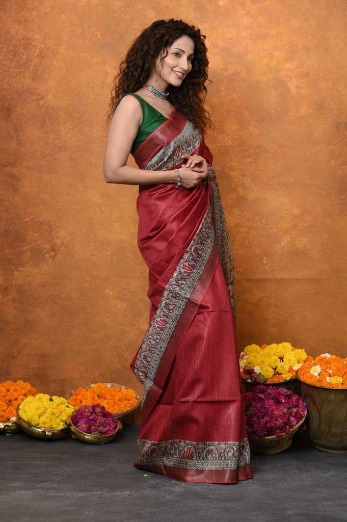 Designed By VMI~ Handloom Pure Tussar Silk Saree With Beautiful Madhubani Print~ Red view 3