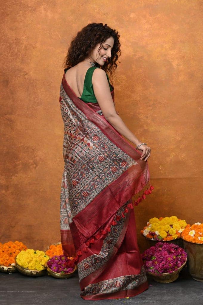 Designed By VMI~ Handloom Pure Tussar Silk Saree With Beautiful Madhubani Print~ Red view 4