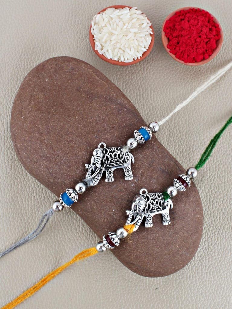 Lucky Jewellery Designer Oxidised Silver Elephant Design Rakhi - Rakshabandhan Rakhee Bracelet for Brother/Bhaiya/Bhai/Bhabhi - Pack of 2 (78-JPR1-1961-S-2) view 2