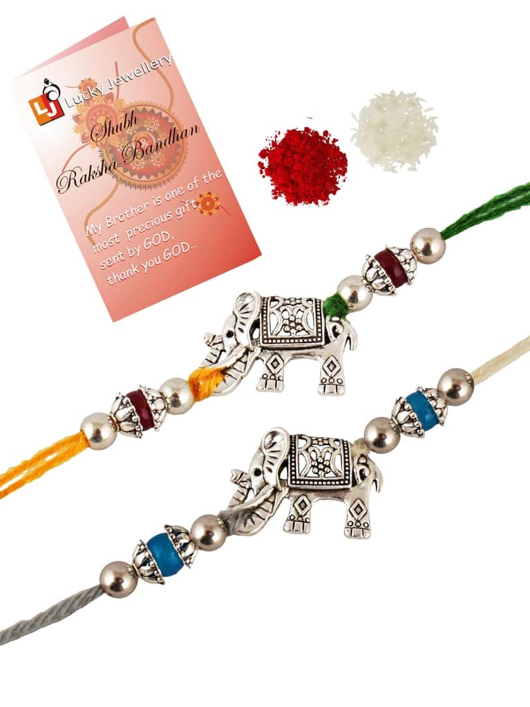 Lucky Jewellery Designer Oxidised Silver Elephant Design Rakhi - Rakshabandhan Rakhee Bracelet for Brother/Bhaiya/Bhai/Bhabhi - Pack of 2 (78-JPR1-1961-S-2) view 3