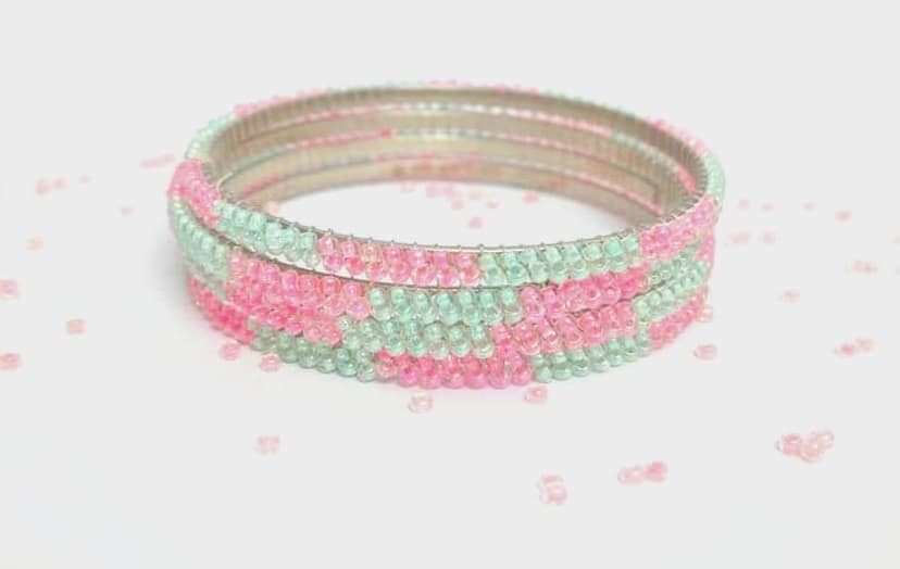 FSH Pink And Green Bead Bangles Set Of 4