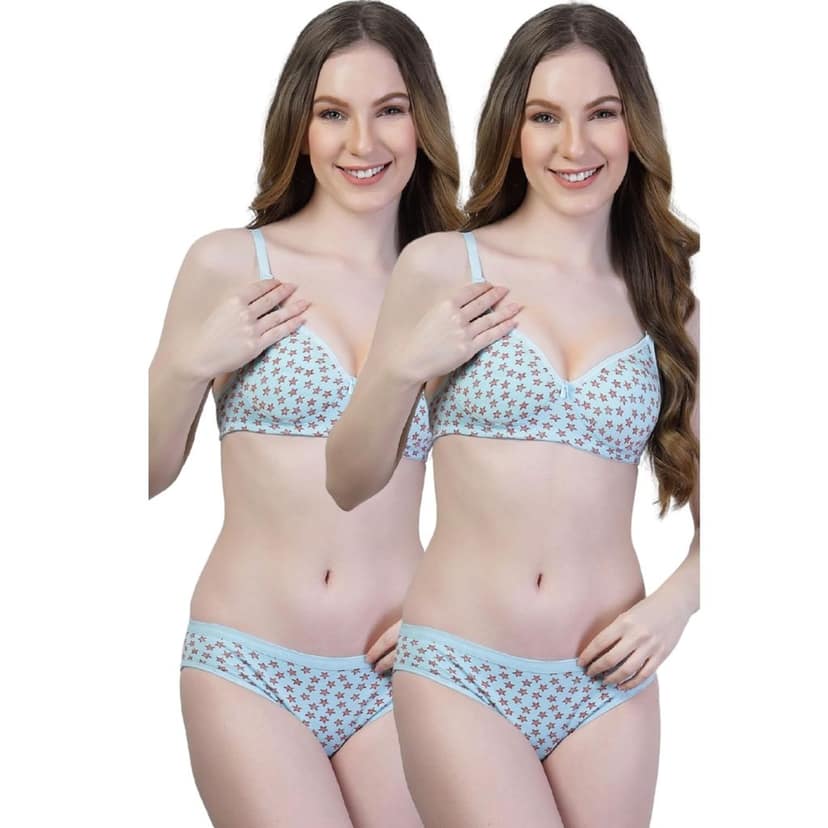 adornstar Women Cotton Lingerie Set with Stars Print Design | Non Wired and Non Padded Bra with Full Coverage Hipster Panty Set | Stylish and Soft Stretchable Fabric (Pack of 2)