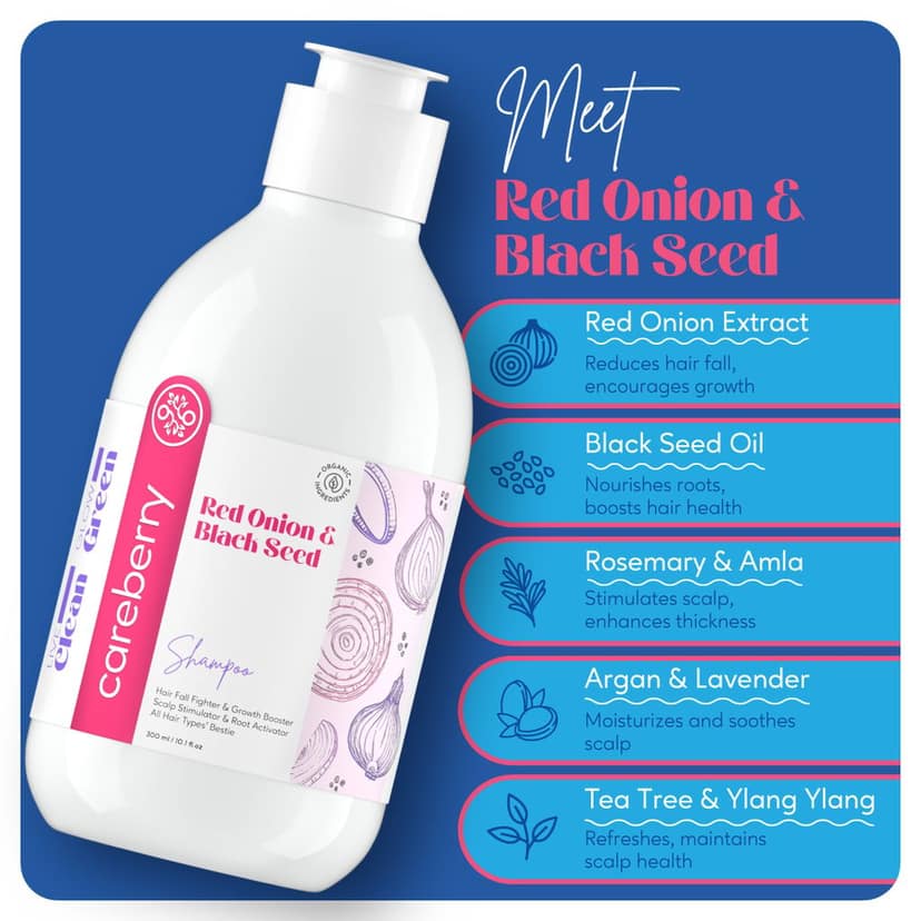 Careberry Red Onion & Black Seed Stimulating Shampoo, Hair Growth & Hair Fall Control, Ayush Certified Ayurvedic, Sulphate & Paraben Free 300ml view 4