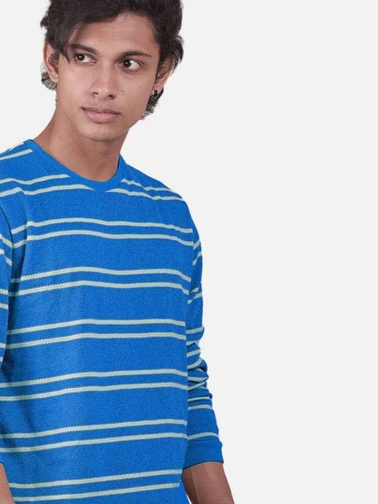 Men Blue Striped textured Pullover relaxed Sweatshirt view 3