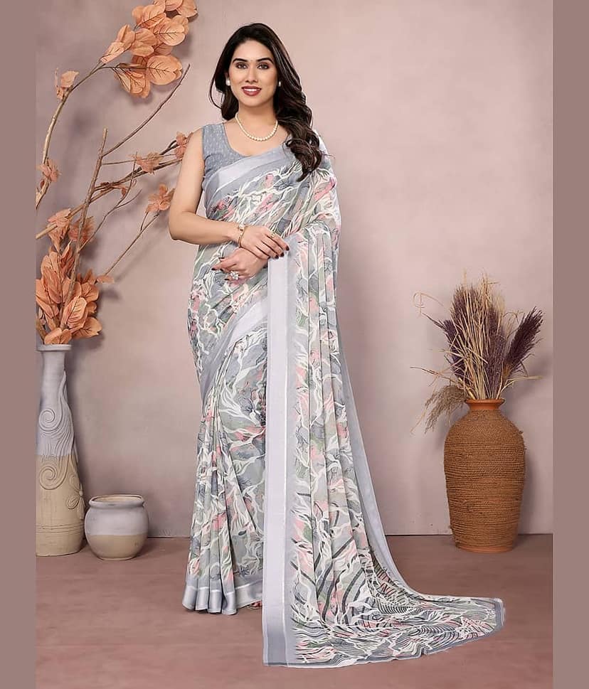 VEDANT VASTRAM Chiffon Printed Saree With Unstitched Blouse Piece ( Grey )