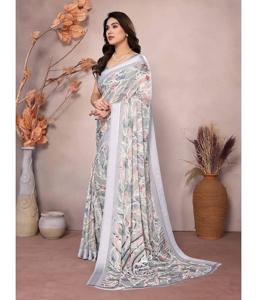 VEDANT VASTRAM Chiffon Printed Saree With Unstitched Blouse Piece ( Grey ) view 2