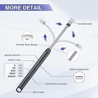 Gas Lighter for Kitchen Use C-Type Rechargeable Electric Gas Stove Candle Lighter with USB Charging Port 400 Uses in Single Charge view 2