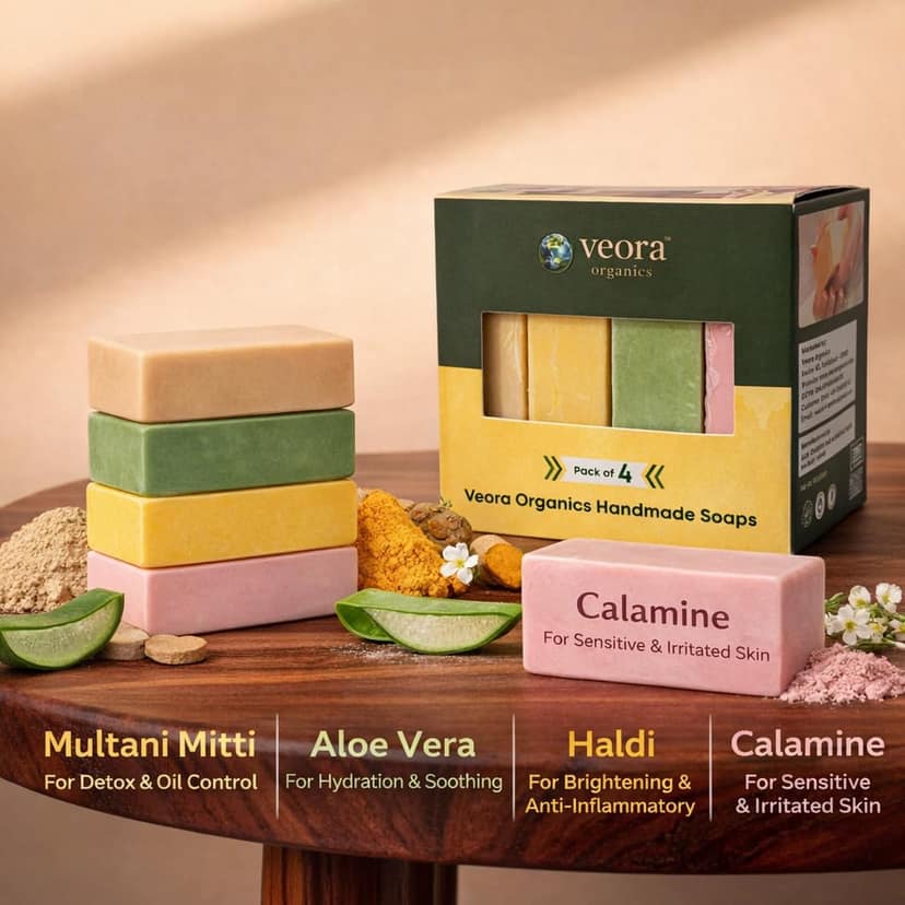 Veora Organics Handmade Soap Combo Pack | Natural Bath Soap with Haldi, Calamine, Aloe Vera & Multani Mitti | Chemical-Free Herbal Soap for Skin Cleansing & Nourishment | Suitable for All Skin Types | 100g Each (Pack of 4) view 4