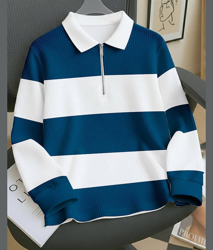 ENITOR Men Cotton Blend Regular Fit Striped Polo T Shirt ( White )
