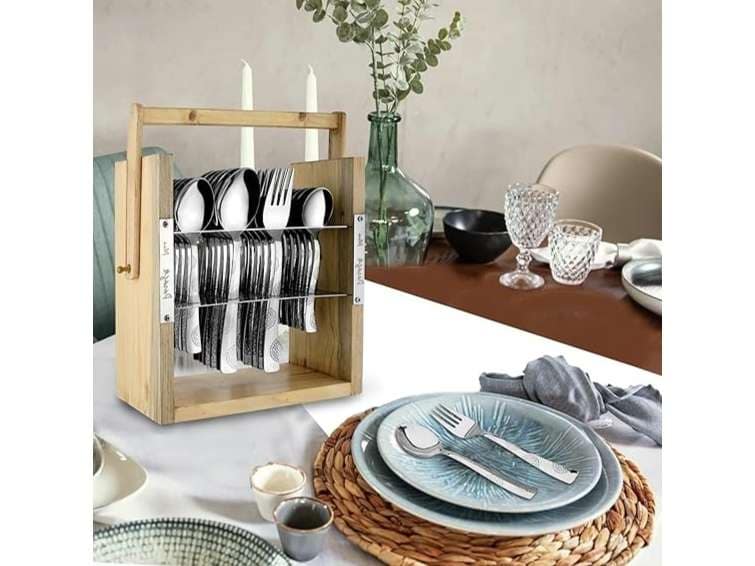 Parage 25 Pieces Stainless Steel Moonpress Cutlery Set with Wooden Hanging Stand for Dining Table, Stylish Spoon Set