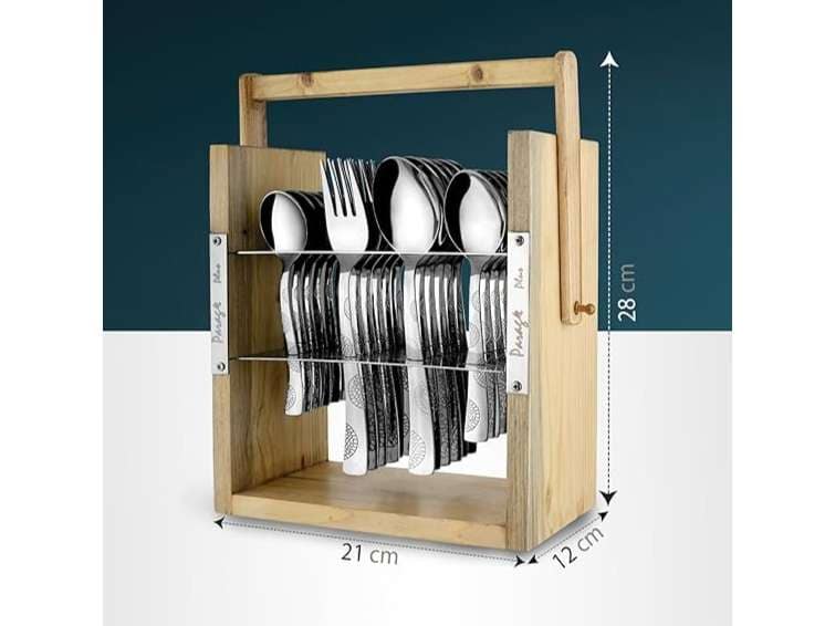 Parage 25 Pieces Stainless Steel Moonpress Cutlery Set with Wooden Hanging Stand for Dining Table, Stylish Spoon Set view 2